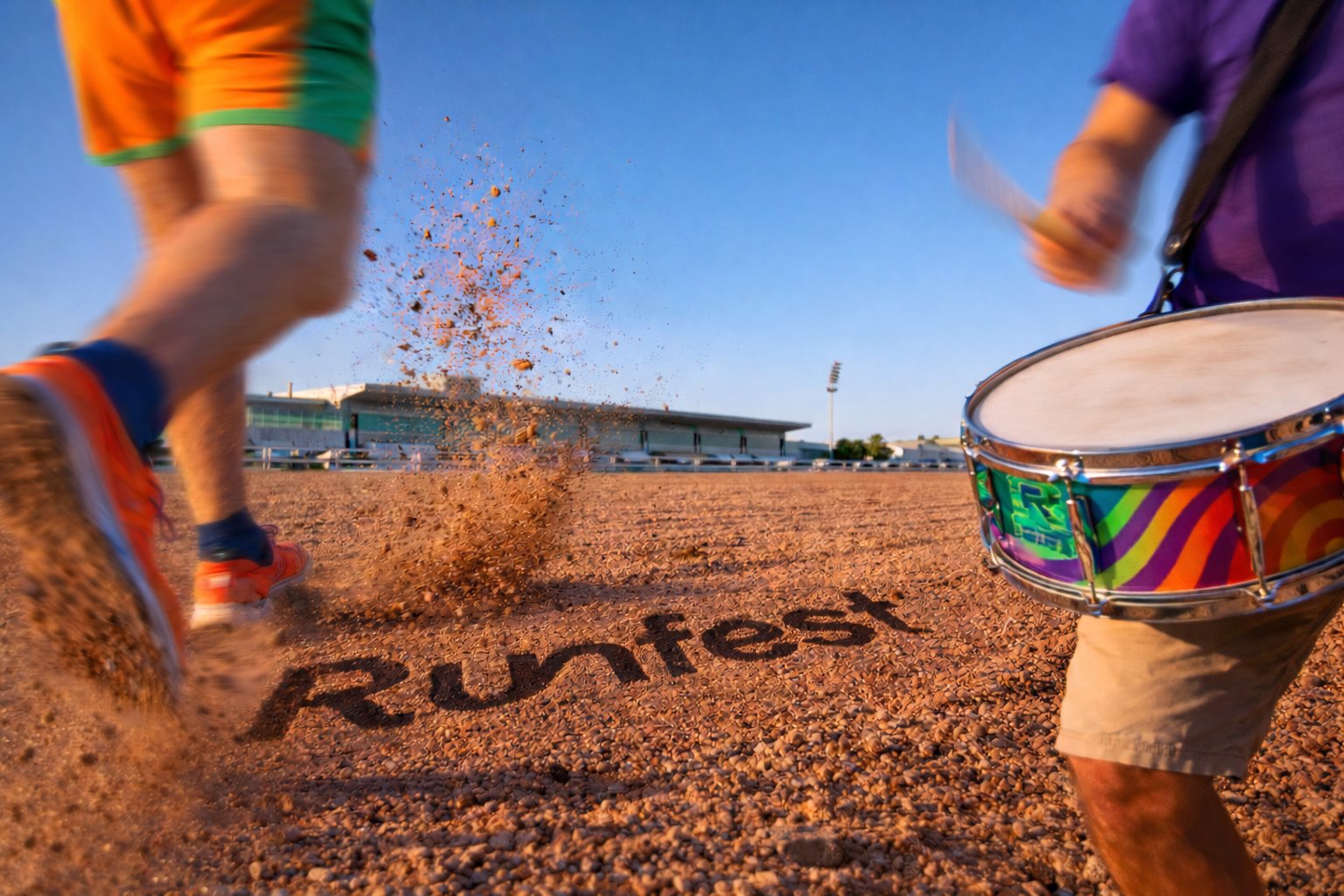 Deux personnes jouent de la batterie sur une piste d'athlétisme, une d'elles est en train de courir, avec la poussière qui vole en l'air, le mot « RUNES » écrit dans le sol.