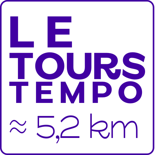 Logo violet avec texte indiquant "LE 4 TOURS TEMPO" et une distance d'environ 5,2 km. Cette course est pour les coureurs débutant ou les plus performants qui souhaites aller vite.