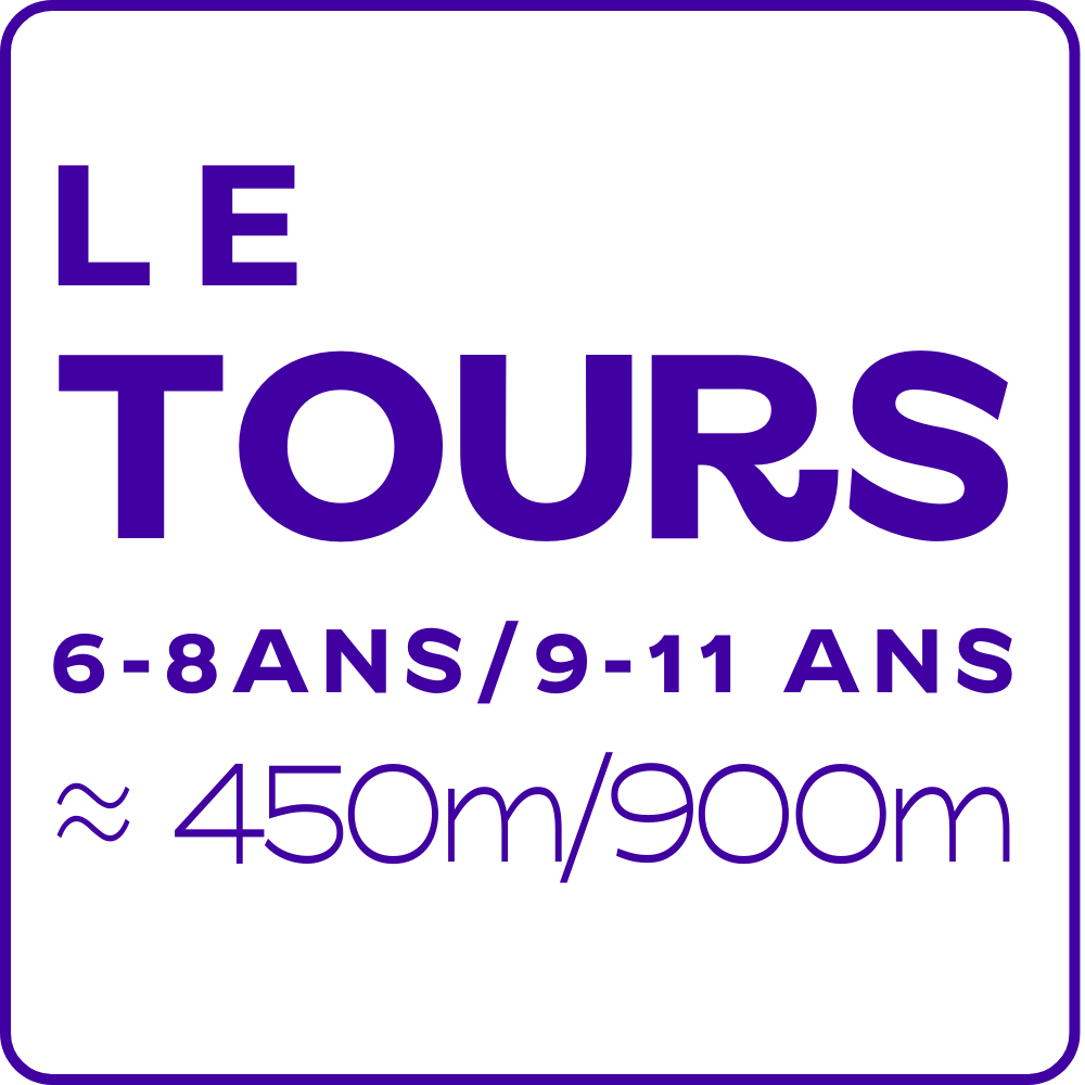 Logos et texte pour une activité pour enfants, indiquant l'âge recommandé de 6-8 ans ou 9-11 ans, et la distance d'environ 450 mètres ou 900 mètres. Une course pour les enfants près de Nice et Cannes, Villeneuve Loubet, Biot, Mougins.