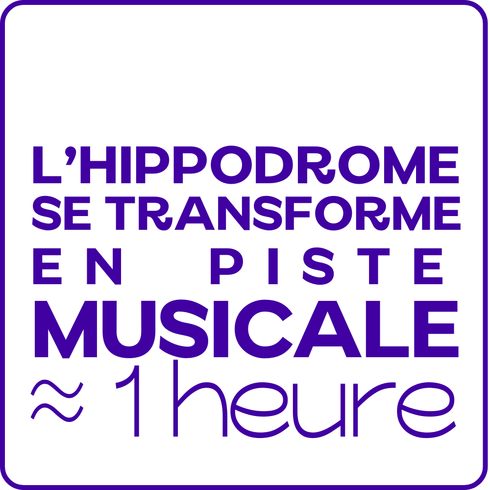 Affiche annonçant une parade extraordinaire à l'hippodrome, transformée en piste musicale d'environ une heure. Une course pour toute la famille, une course déguisée  en rockstar ou popstar de ton preference !