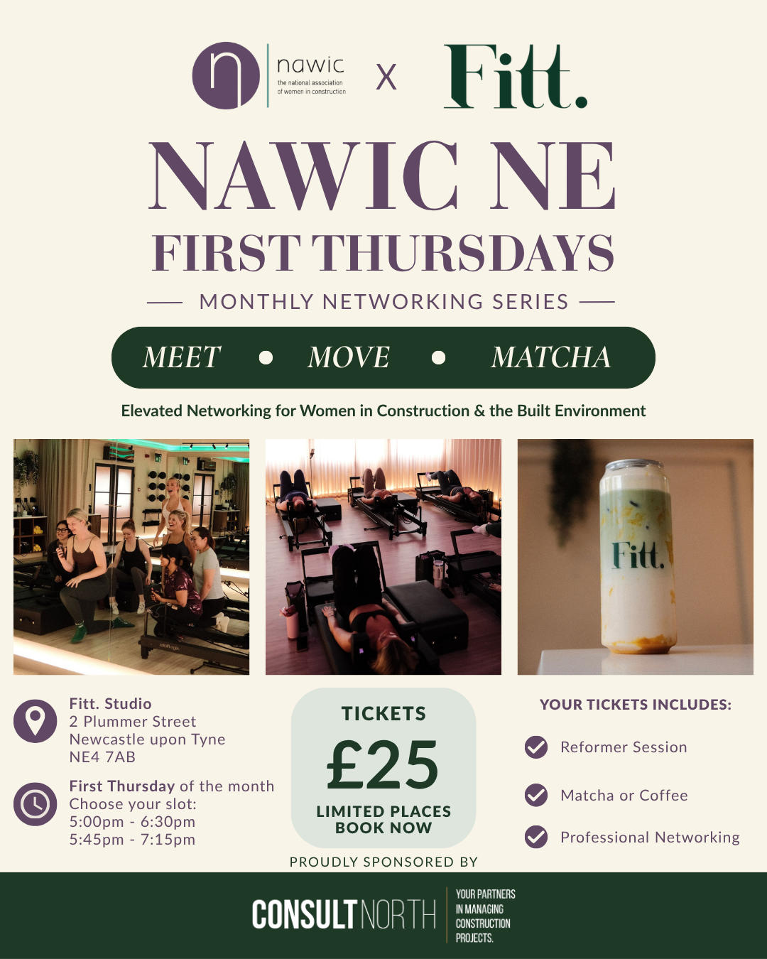 Promotional flyer for NAWIC NE First Thursdays monthly networking series, featuring images of women in a fitness class, a yoga studio, and a matcha drink. Includes event details, ticket price, location, and sponsor information.