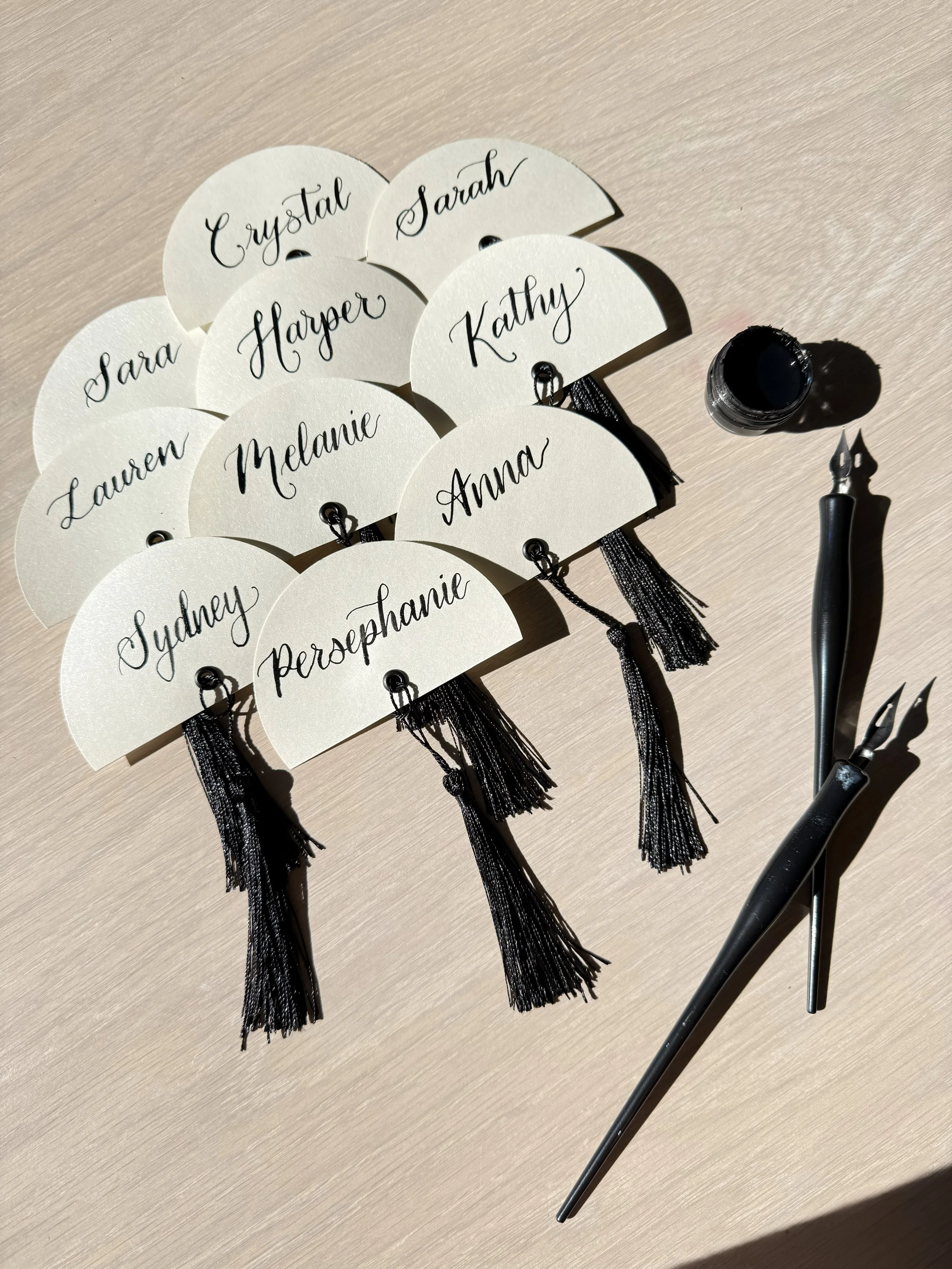 Custom pointed-pen calligraphy place cards, favors, escort cards