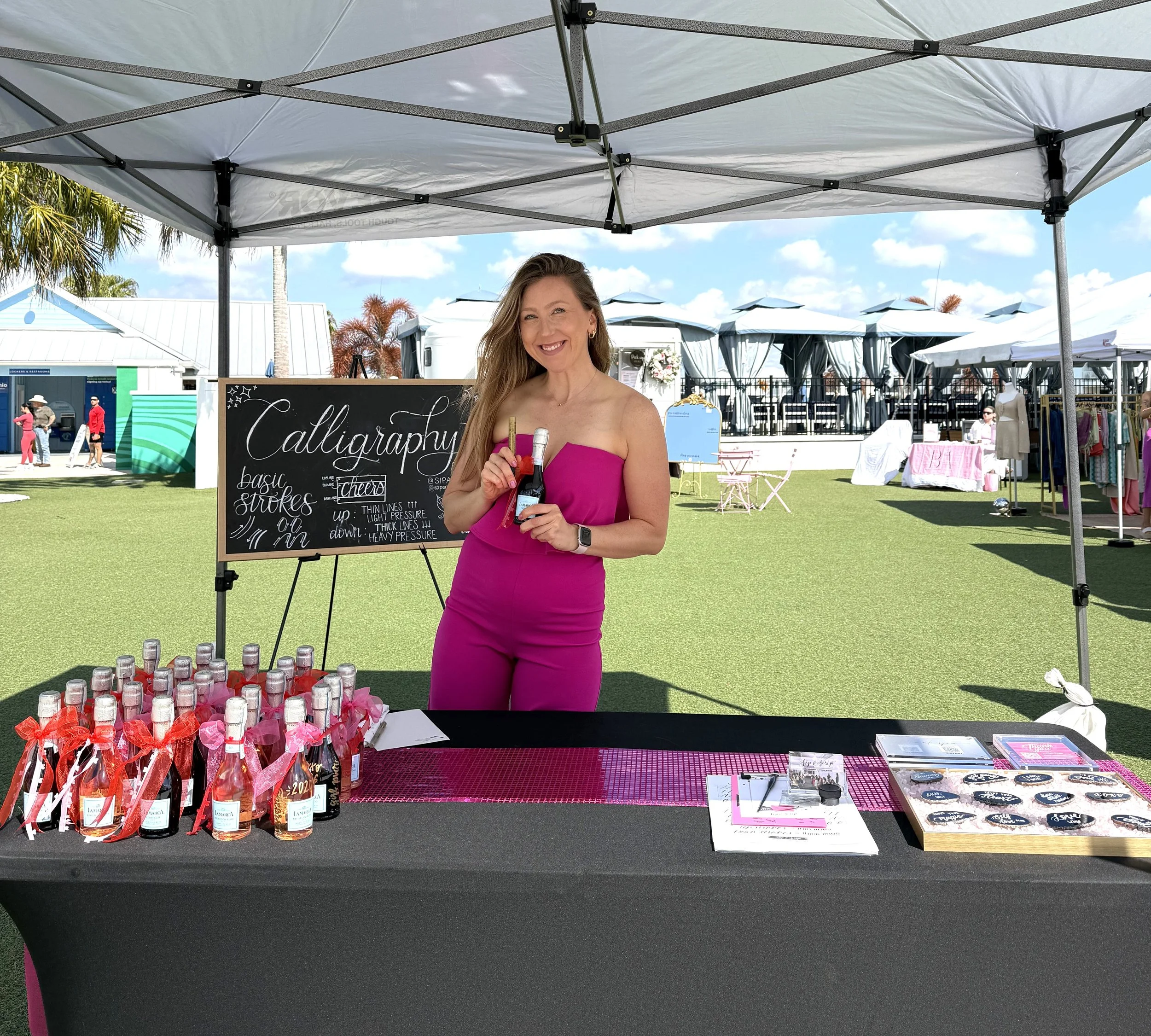 As a live event artist, I provided on-site hand-lettering on champagne bottles, customized with each guest's desired message! 