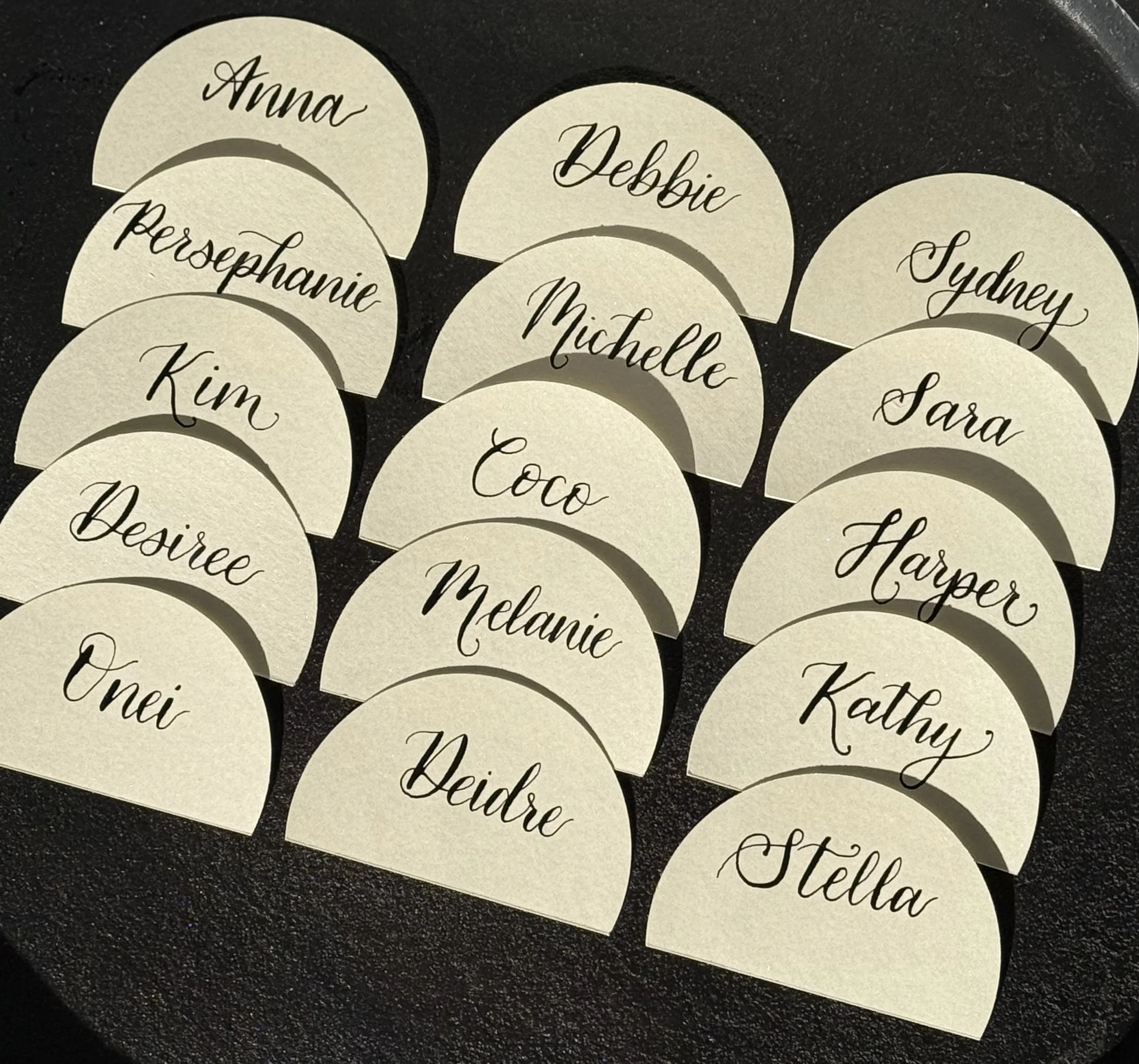 Custom pointed-pen calligraphy place cards, favors, escort cards