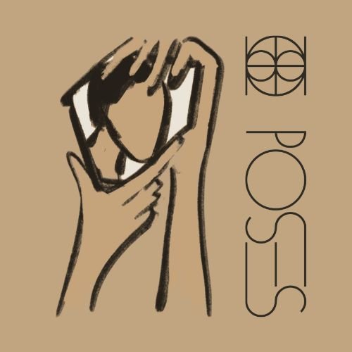 A minimalist illustration by Camila Levy of a person holding a broken mirror reflecting their face with their hand, accompanied by the POSES logo.