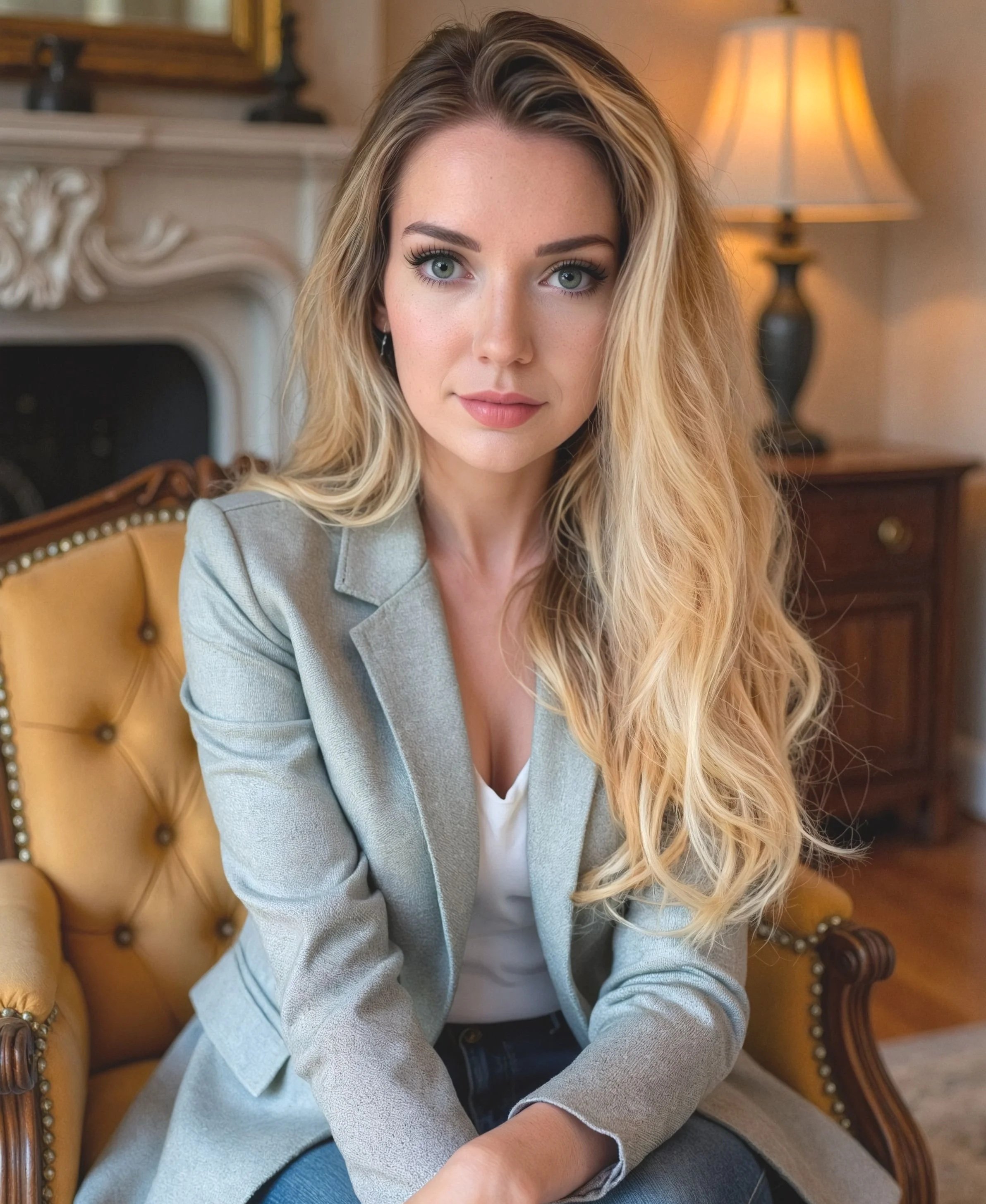 A young woman with long blonde hair, wearing a light grey blazer and white top, sitting on a yellow vintage armchair in a warmly lit room.