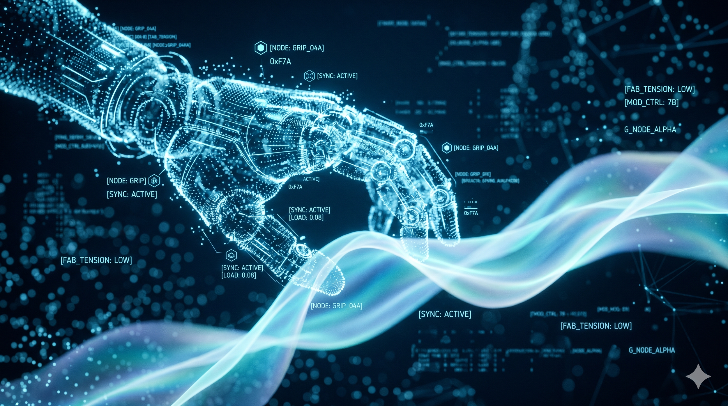 A digital hologram of a robotic arm made of glowing blue dots and lines, with various technical annotations and data points floating around in a dark background.