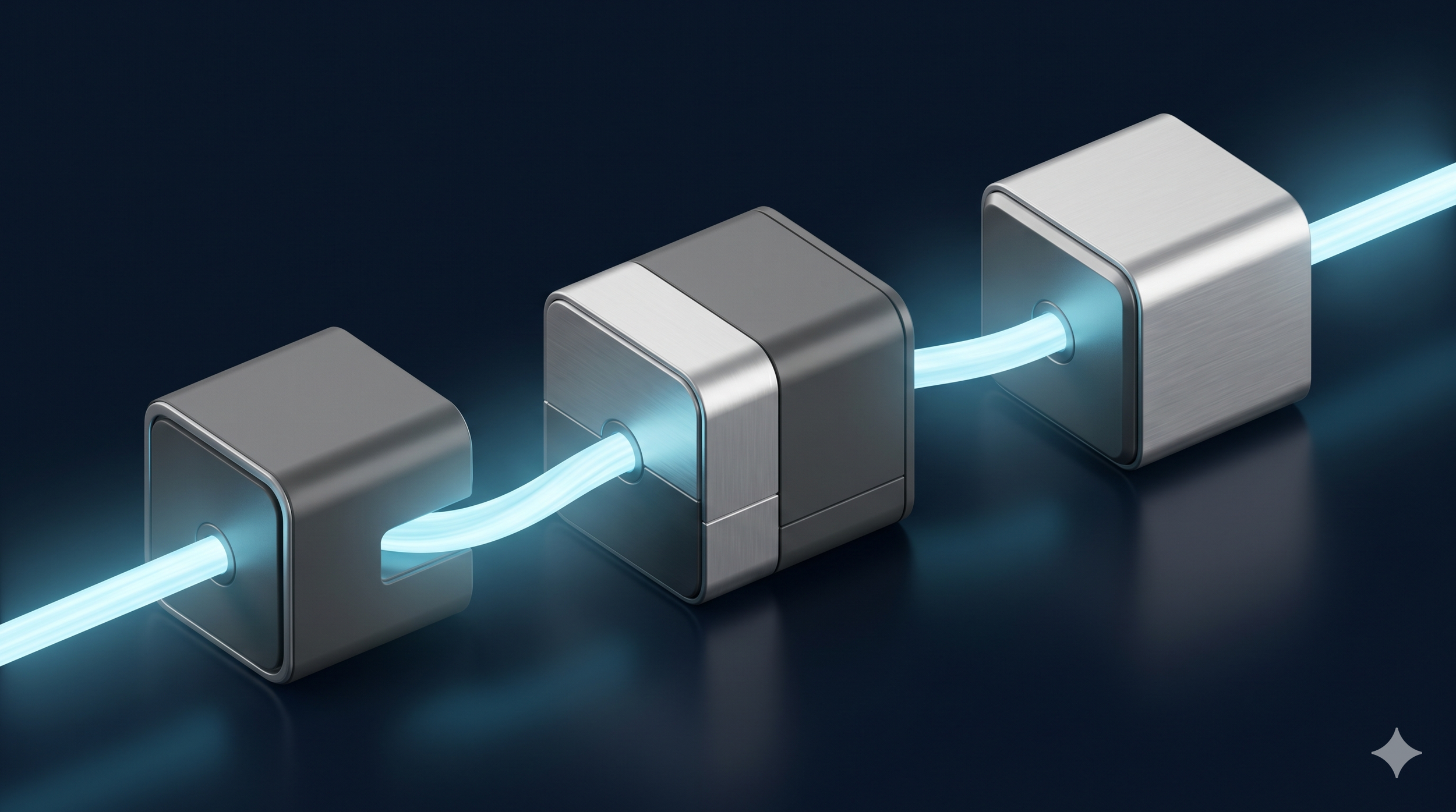 Digital illustration of a series of metallic blocks interconnected by glowing blue light, representing data flow or connectivity.