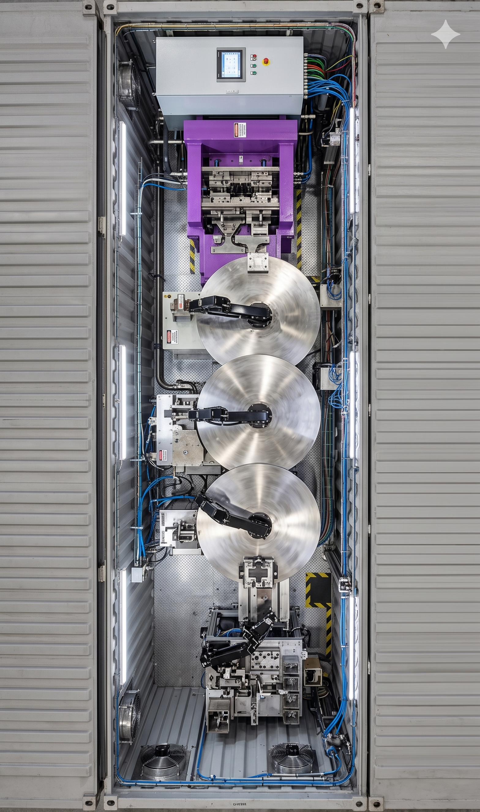 View inside a high-tech laboratory or manufacturing facility showing a large, enclosed enclosure with various mechanical and electronic components, including robotic arms, large rotating discs, wiring, and control panels.