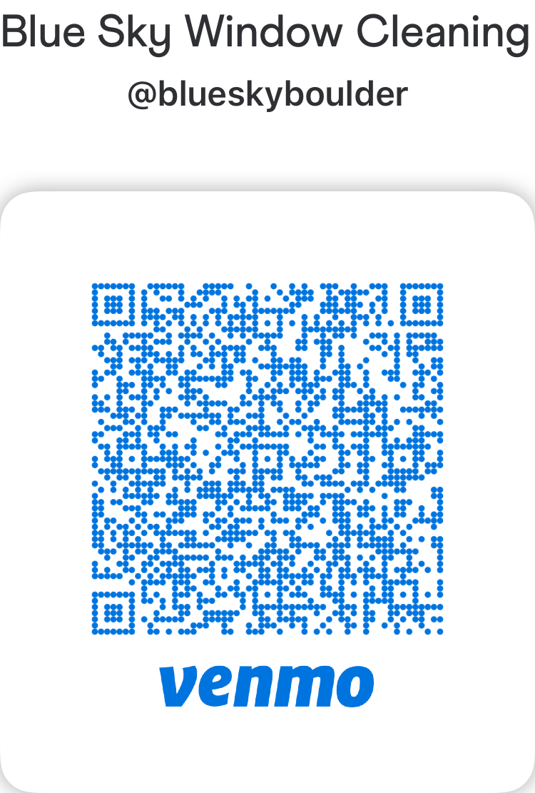 Venmo QR code for payment, with text 'Blue Sky Window Cleaning @blueskyboulder' above it.