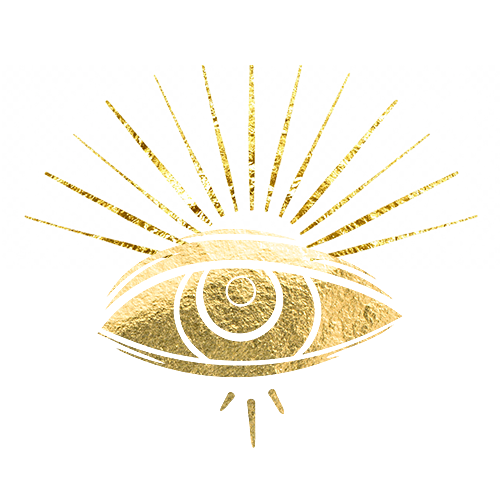 Gold eye with radiating lines, set against a mostly white background.