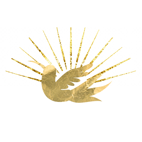 Gold dove with radiating rays against a white background.