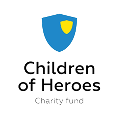 Logo of Children of Heroes charity fund with purple shield and text