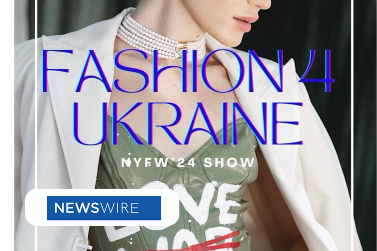 Poster promoting Fashion Ukraine at NYFW 2024, featuring a woman wearing a green top and white blazer, with a choker necklace, and large blue text reading 'Fashion Ukraine' and 'NYFW 24 Show'.