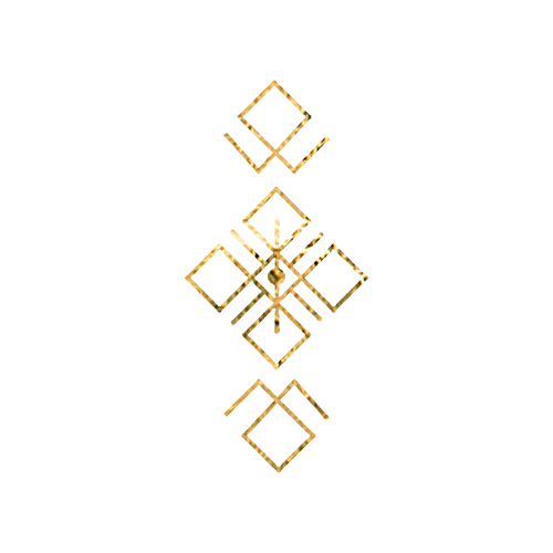 Gold geometric design on black background with symmetrical squares and lines.