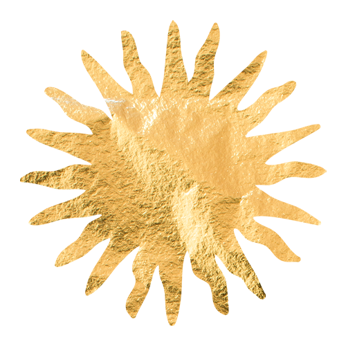 Golden sun-shaped object with textured surface and radiating spikes.