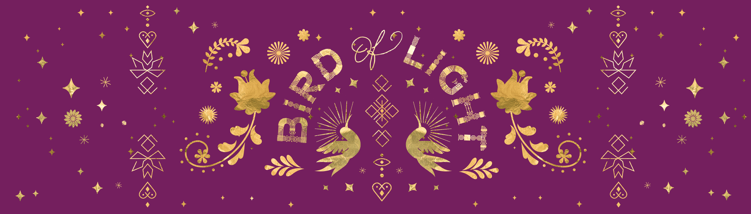 Decorative banner with gold nautical design and the phrase 'We Are All Beautiful' on a purple background, featuring stars, flowers, hearts, and two swans.