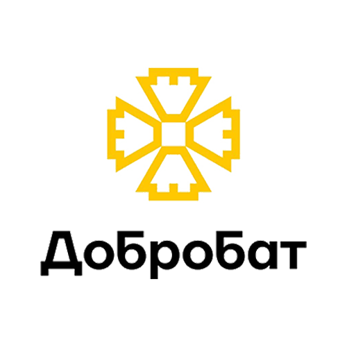A purple logo featuring a symmetrical geometric design above the word 'Добробат' in Cyrillic script.