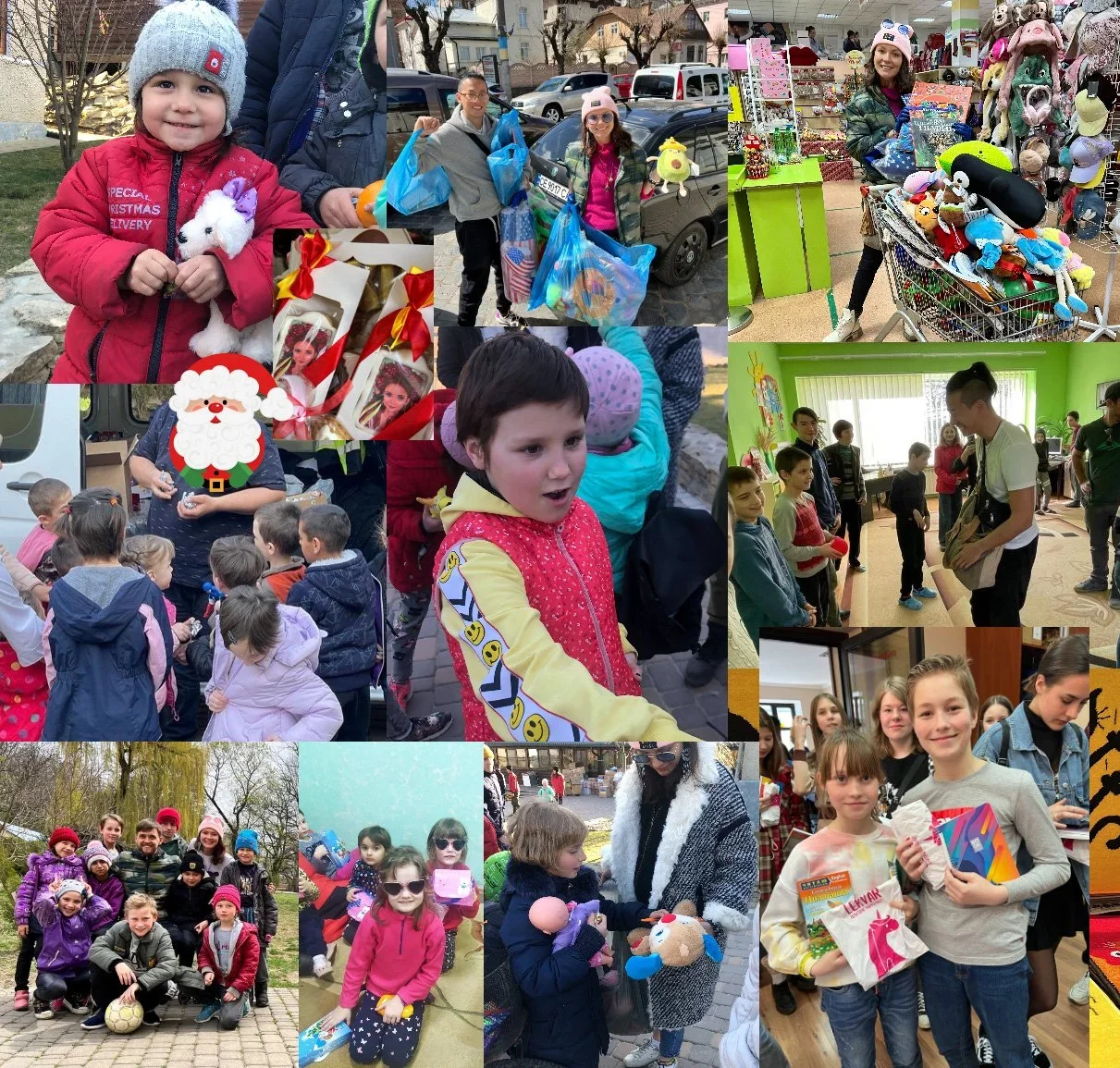 Collage of children and adults participating in holiday activities, including receiving gifts, shopping, playing soccer, and celebrating in festive settings.