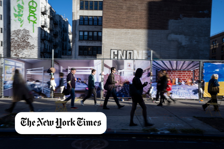 People walking on the street with mural paintings on construction barriers in NYC