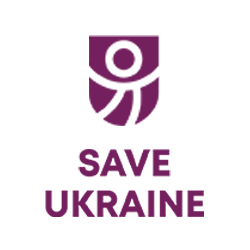 Purple logo of a stylized human figure with raised arms above the words 'SAVE UKRAINE' in purple