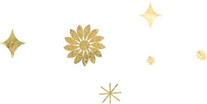 Gold stars and sparkles against a black background.