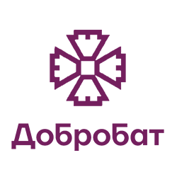 A purple logo featuring a symmetrical geometric design above the word 'Добробат' in Cyrillic script.