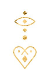 A gold spiritual or mystical symbol consisting of an eye, a heart, and various geometric shapes.