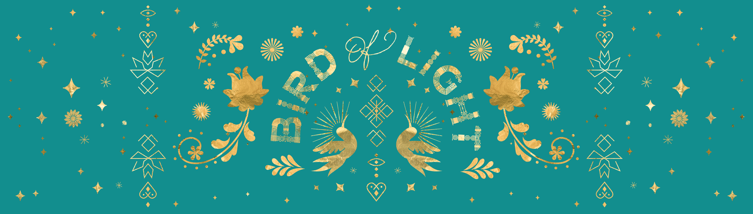 A decorative design featuring gold accents on a teal background with the words "Merry Christmas" in the center, surrounded by floral, star, and geometric patterns, along with two gold birds facing each other.