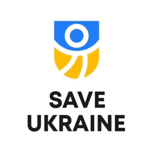 Purple logo of a stylized human figure with raised arms above the words 'SAVE UKRAINE' in purple