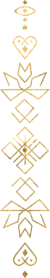 Vertical alignment of gold mystical and geometric symbols and shapes with an eye at the top, a heart, leaves, diamonds, and abstract designs on a black background.