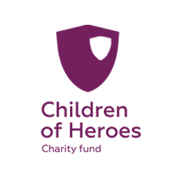 Logo of Children of Heroes charity fund with purple shield and text