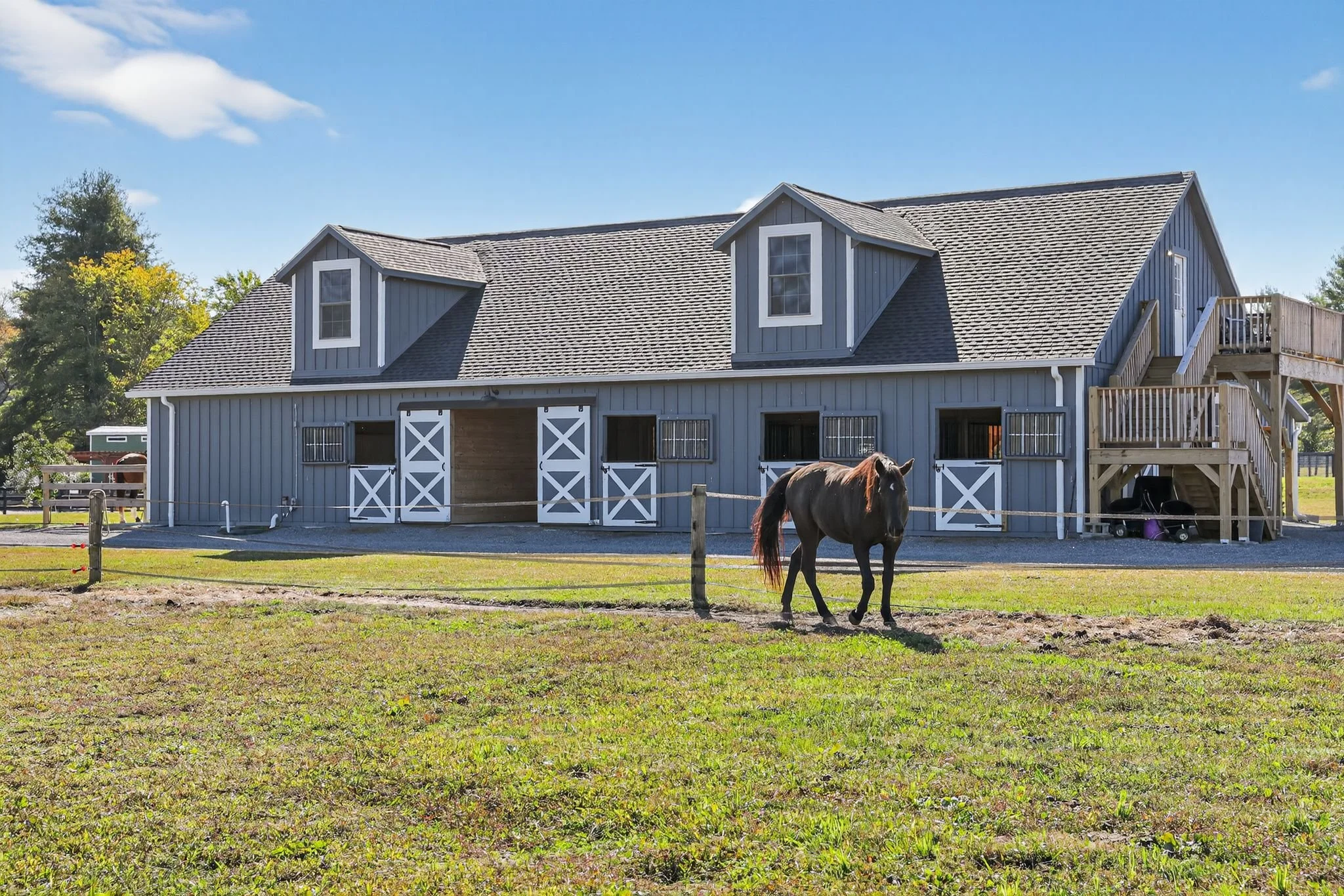 Blue horse stable with a horse standing outside in a grassy field under blue sky.