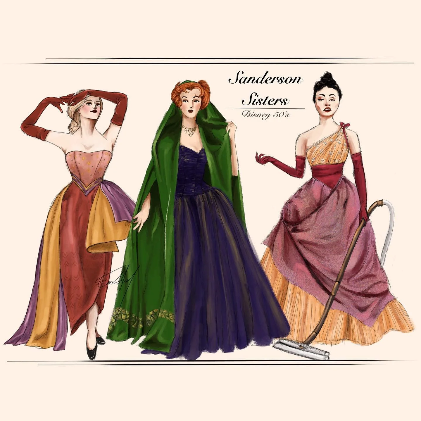 What a magic trick 🎃
.
These played a disappearing act on me lol! I could have sworn I posted them when I drew them in 2020 but I guess not 😅
.
The Sanderson Sisters from Hocus Pocus for the Disney 50&rsquo;s series I did!
.
I loved doing this seri