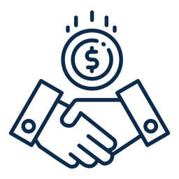 Line drawing of a handshake with a dollar coin above it, representing financial agreement or transaction.