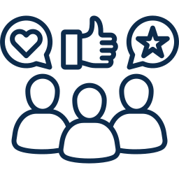Three people with speech bubbles above their heads showing a heart, a thumbs-up, and a star.
