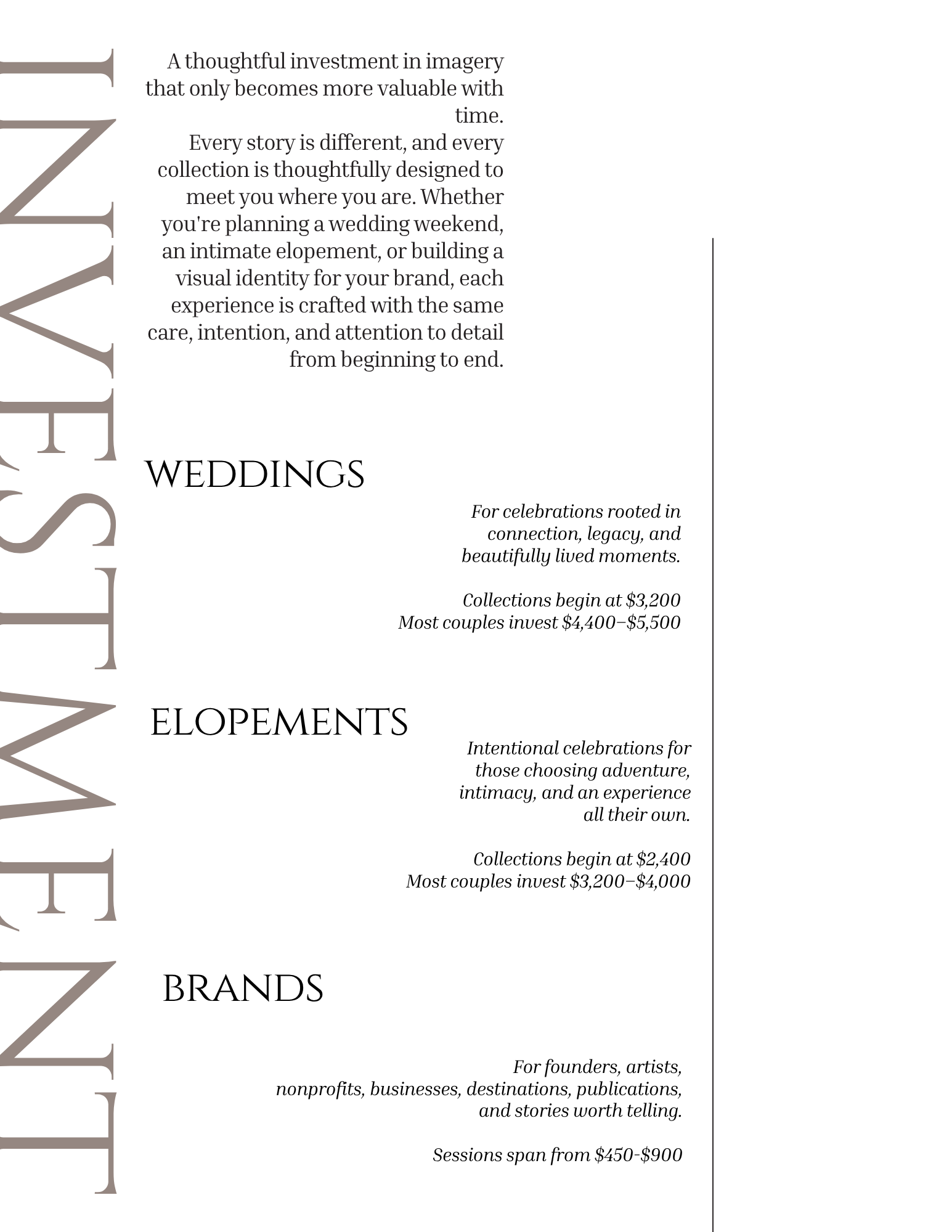 Editorial photography investment guide for weddings and elopements, outlining collections designed with personalized storytelling, intentional planning, and timeless imagery.