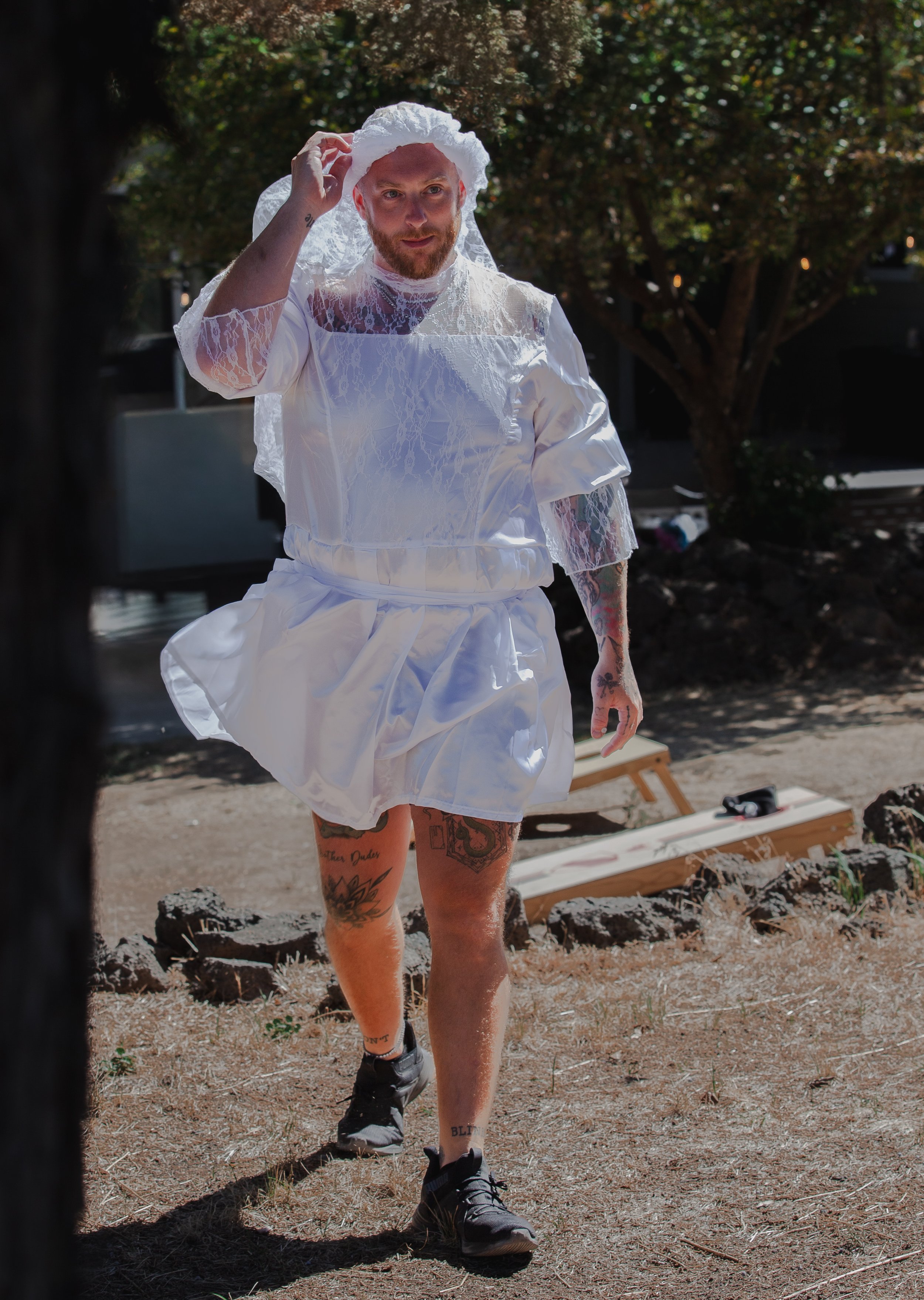  Bride laughing during a playful first-look prank at her private ranch wedding in Bend, Oregon 
