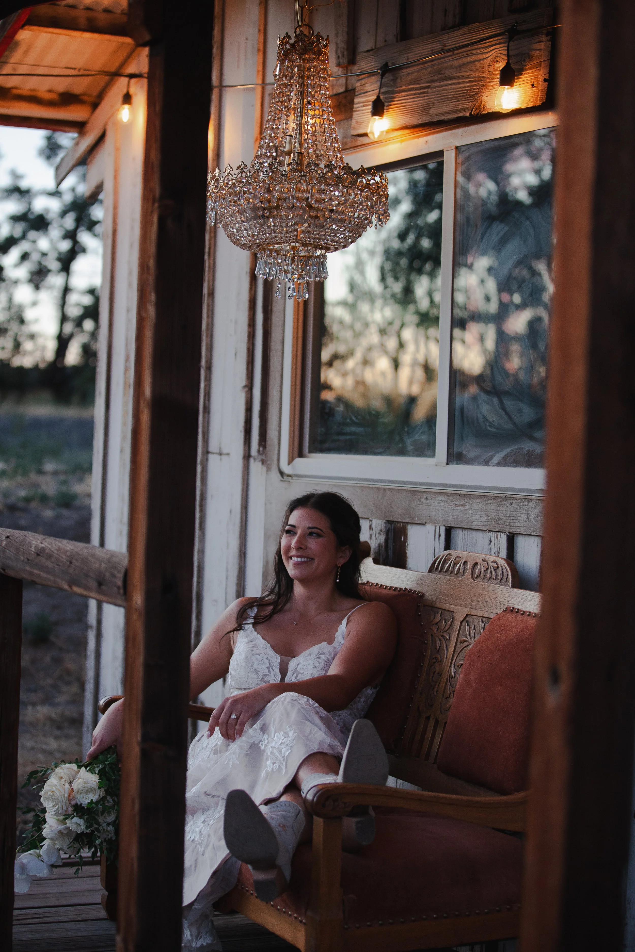  Editorial bride and groom portrait in the High Desert landscape after their Central Oregon ranch wedding  