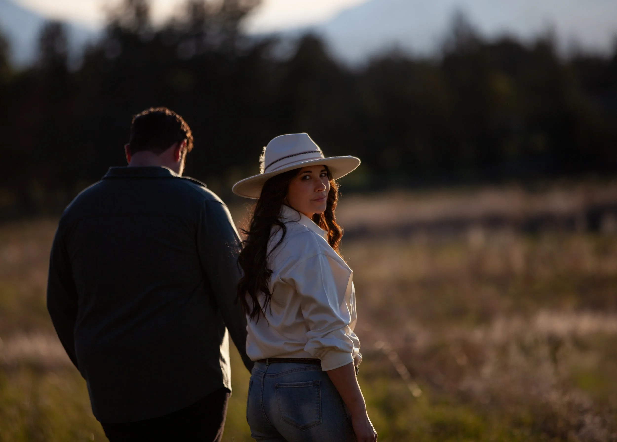 Engaged couple exploring the American West together. Bend Oregon.