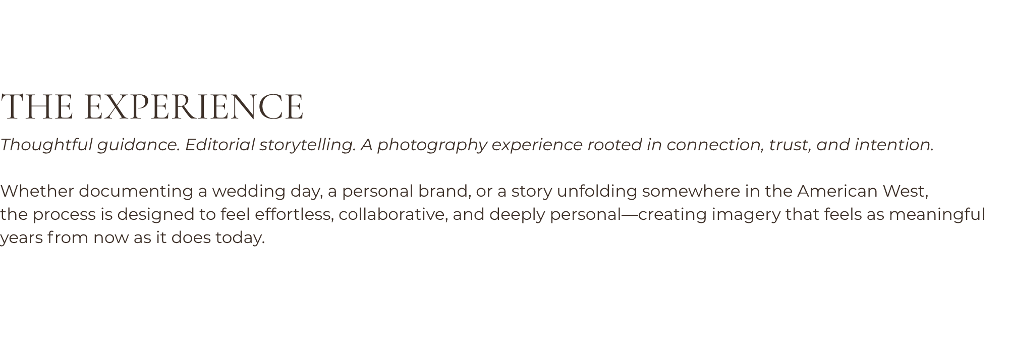 The Dominique Noël Photography experience emphasizing thoughtful guidance, editorial storytelling, and intentional photography rooted in trust, connection, and meaningful moments.