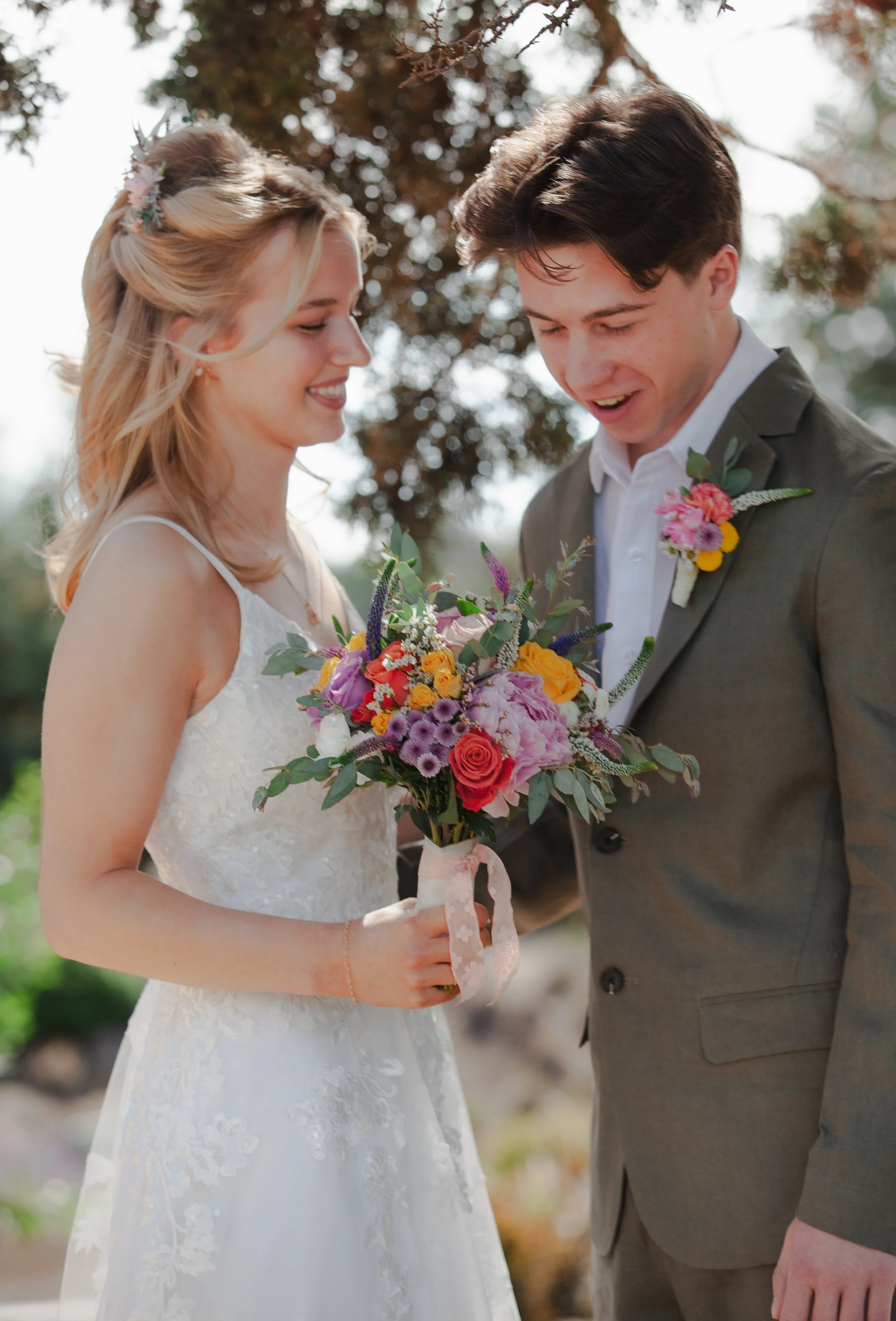 Bride and groom walking together after their summer wedding at Hanai Foundation in Bend, Oregon