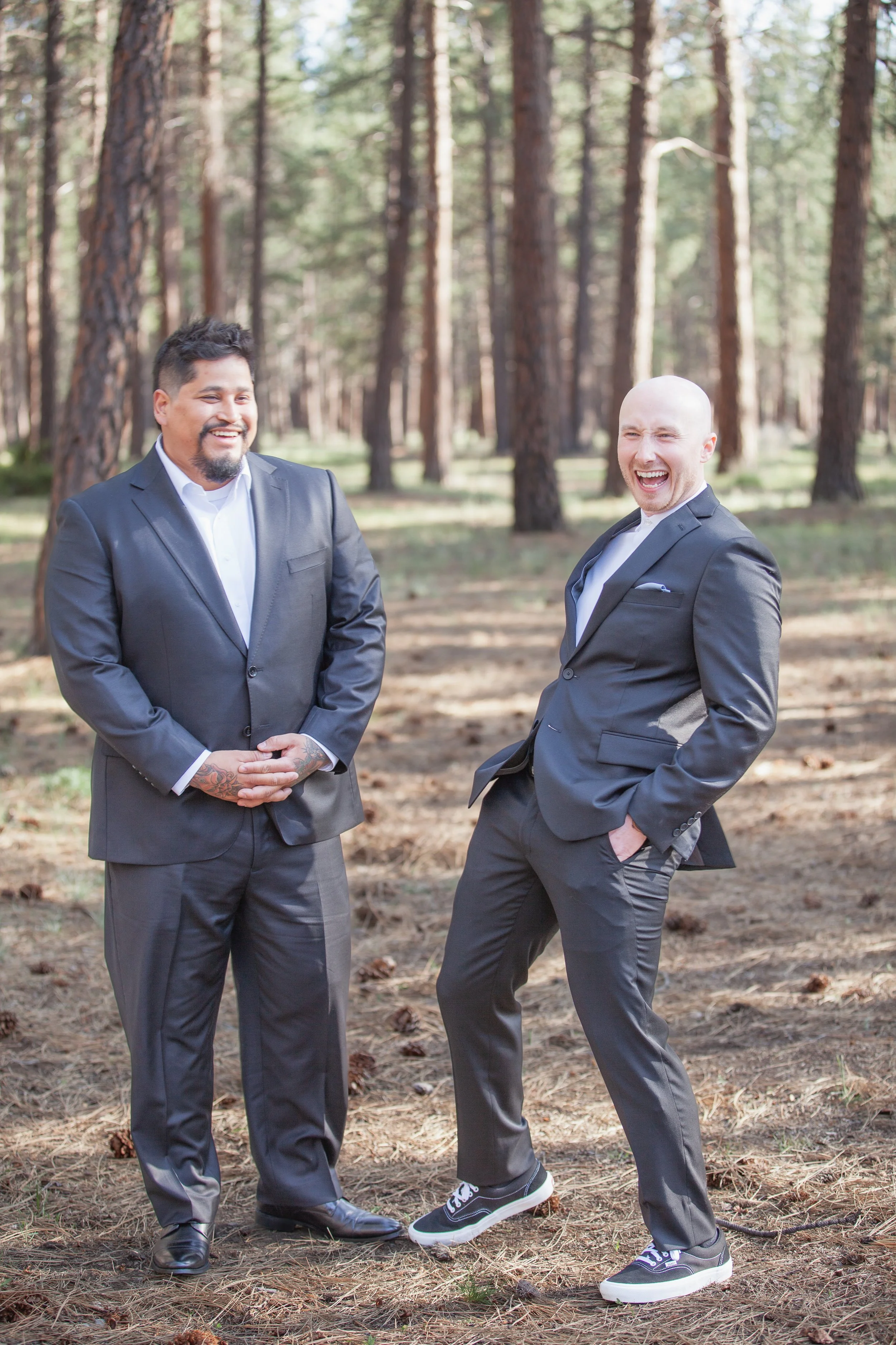 Groom laughing during an intimate spring wedding at FivePine Lodge in Sisters, Oregon.