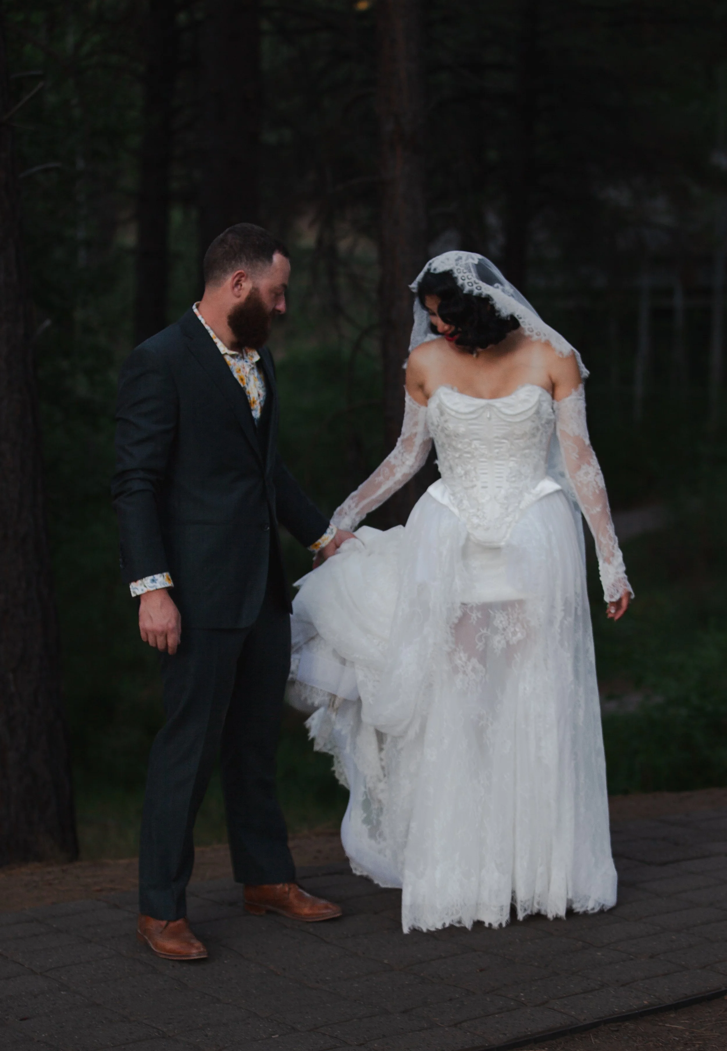 Bride and groom portrait among the pine trees during their High Desert Museum wedding in Central Oregon
