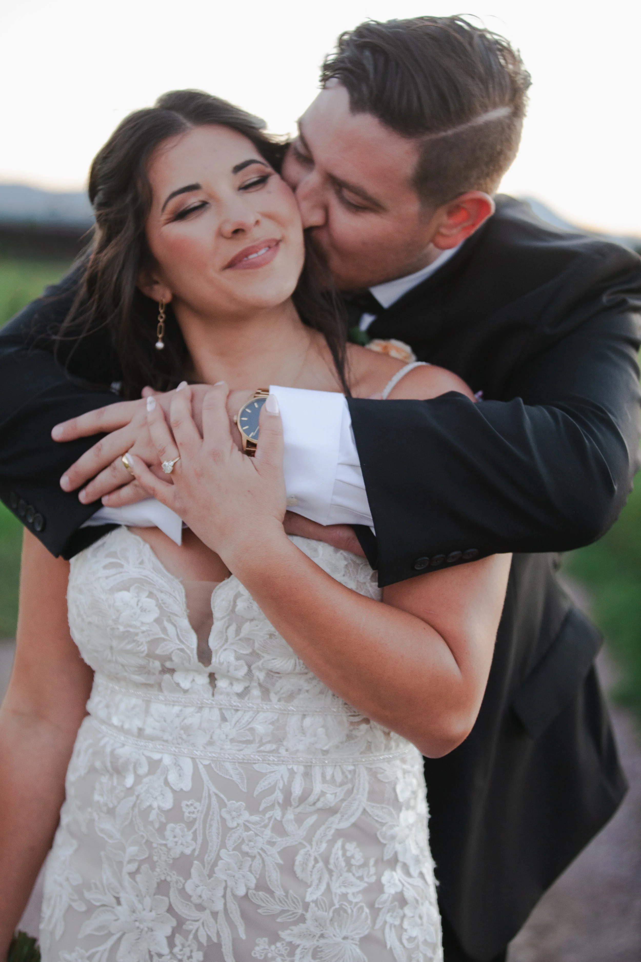 Romantic close-up portrait of newlyweds during golden hour at their Central Oregon ranch wedding