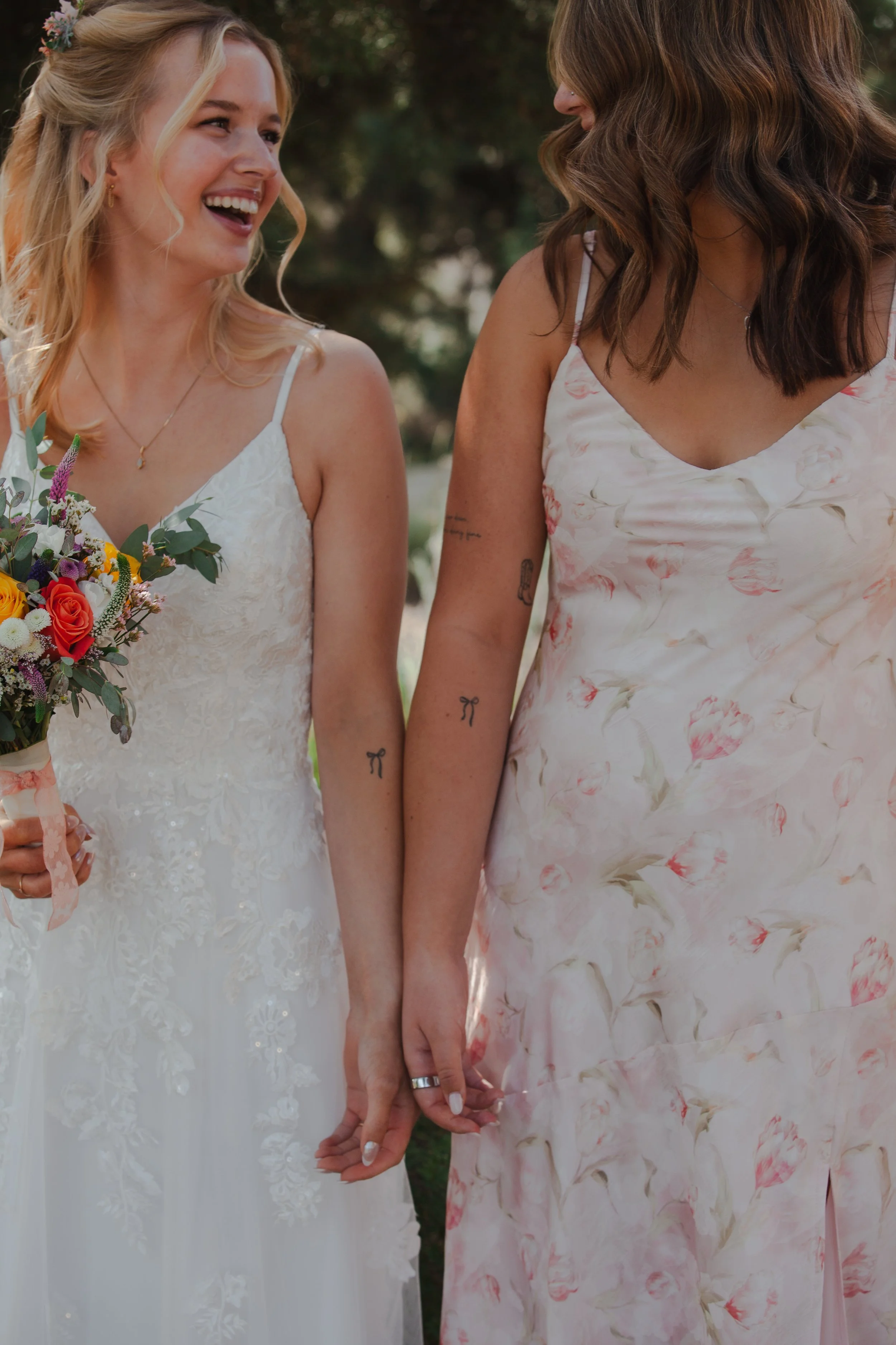 Colorful bridal bouquet and intimate wedding details from a summer celebration at Hanai Foundation in Bend, Oregon