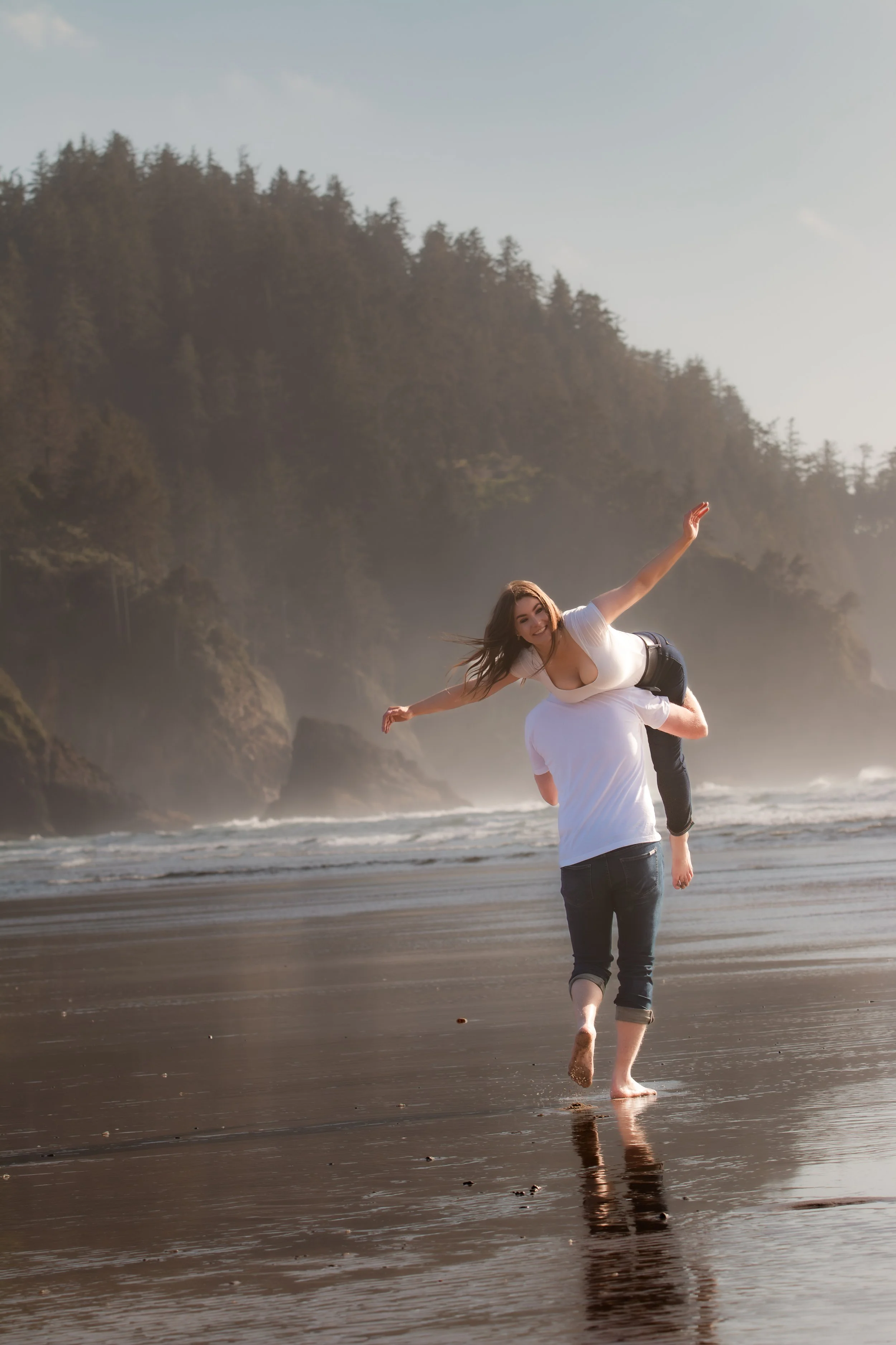 Playful engagement portrait inspired by timeless love stories. Oregon Coast. 