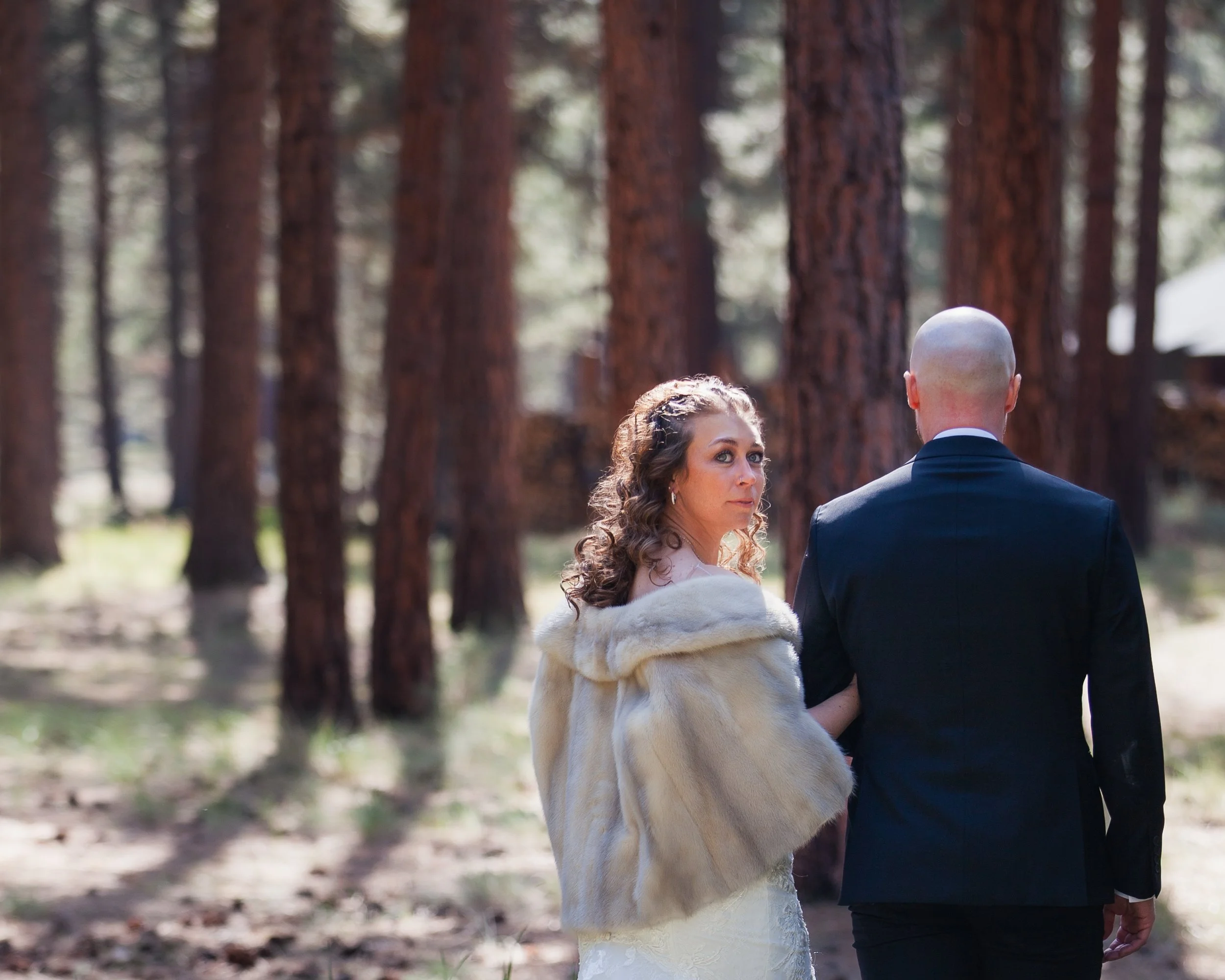 Bride and groom embracing beneath towering ponderosa pines. Five Pines Lodge. Sisters Oregon. 
