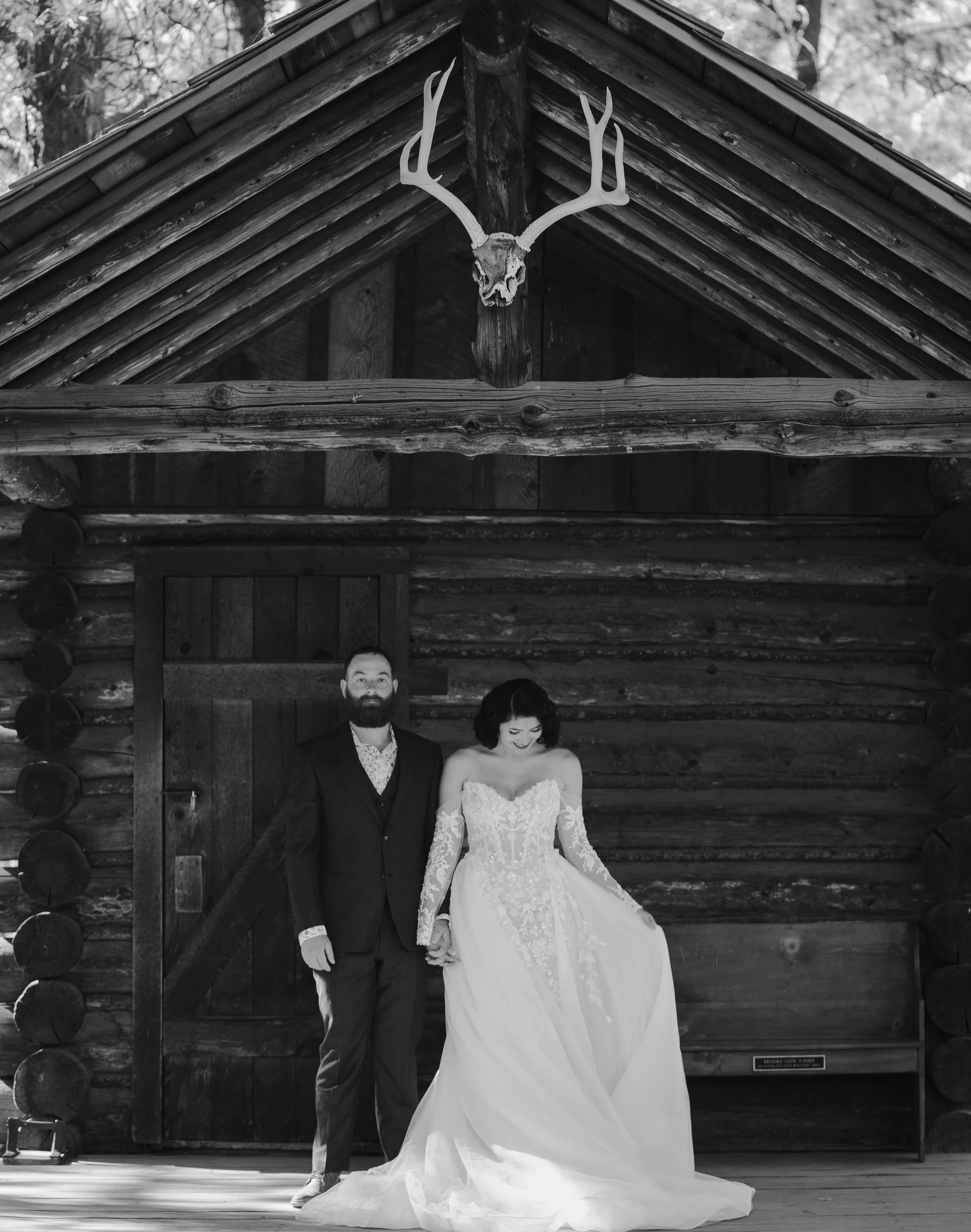 Bride and groom portrait outside a historic Western building at the High Desert Museum near Bend, Oregon