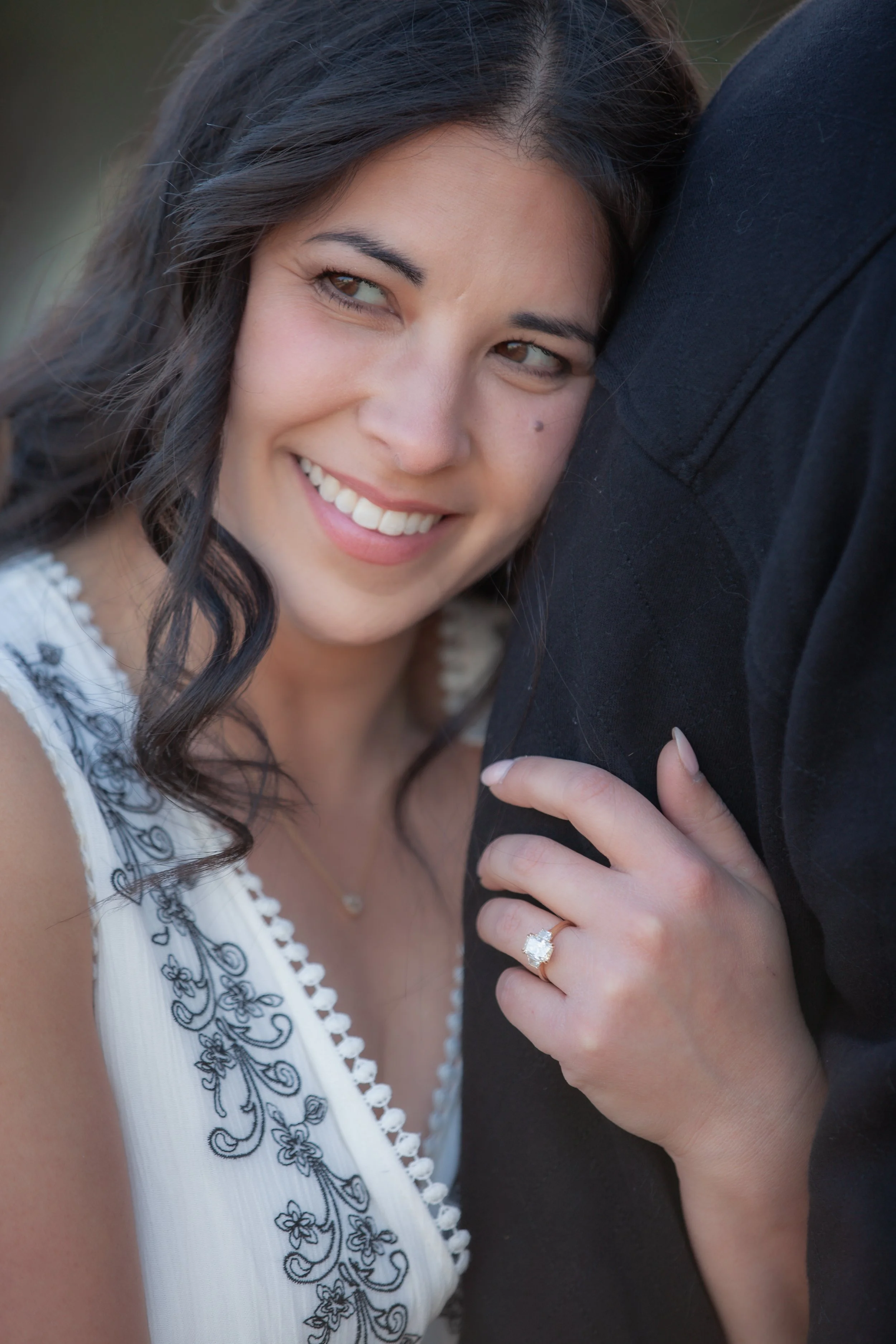 Close-up of a timeless engagement ring in natural light. Central Oregon.